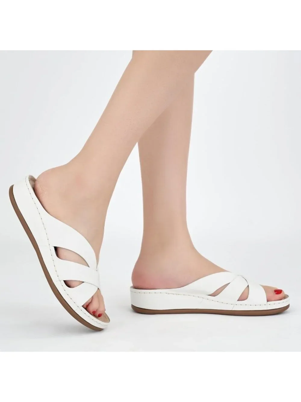 Women's White Faux Leather Summer Low Platform Slide Comfortable Walking Sandals